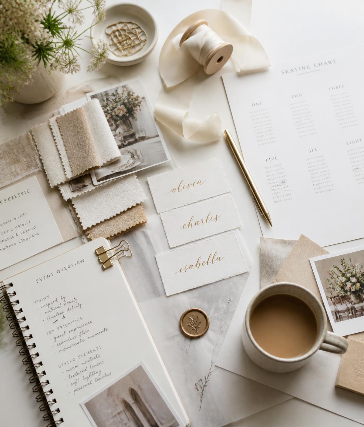 Event planning mood board with fabric swatches, place cards and a seating chart