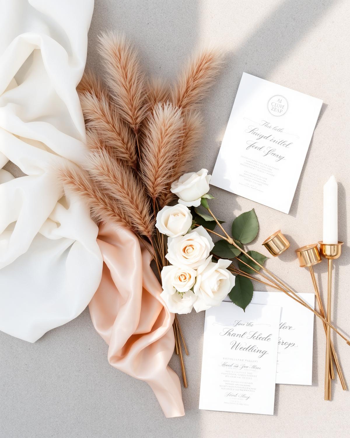 Ivory and champagne wedding concept board with silk fabrics, white roses and gold candle holders