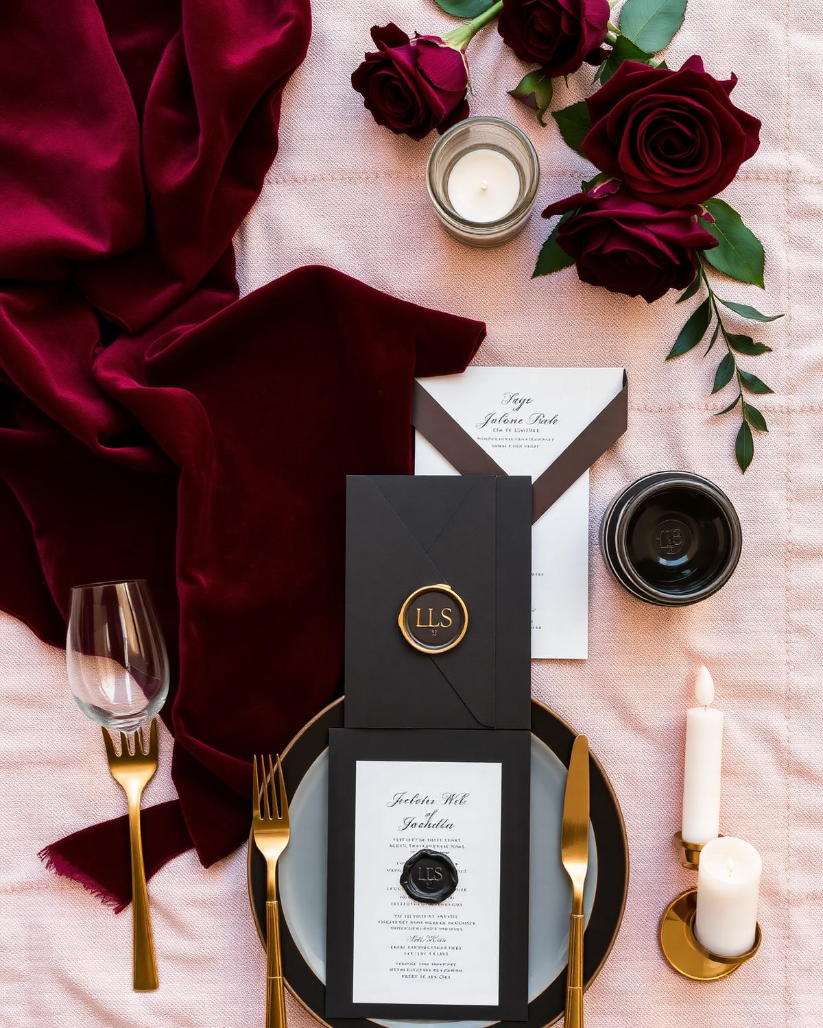 Wine noir wedding concept board with burgundy velvet, dark roses, gold flatware and a black wax seal