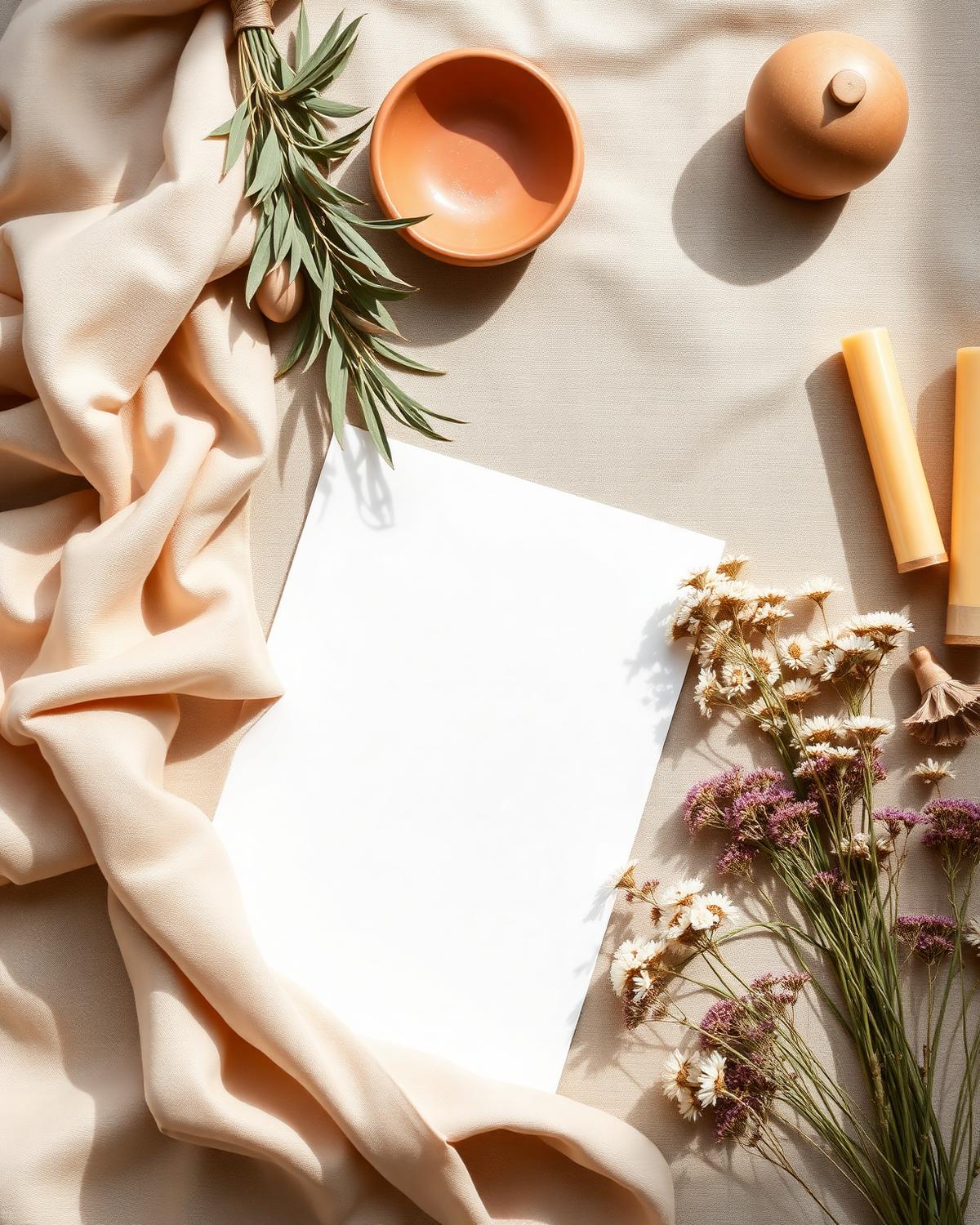 Garden terracotta wedding concept board with linen, olive branches, ceramics and dried wildflowers