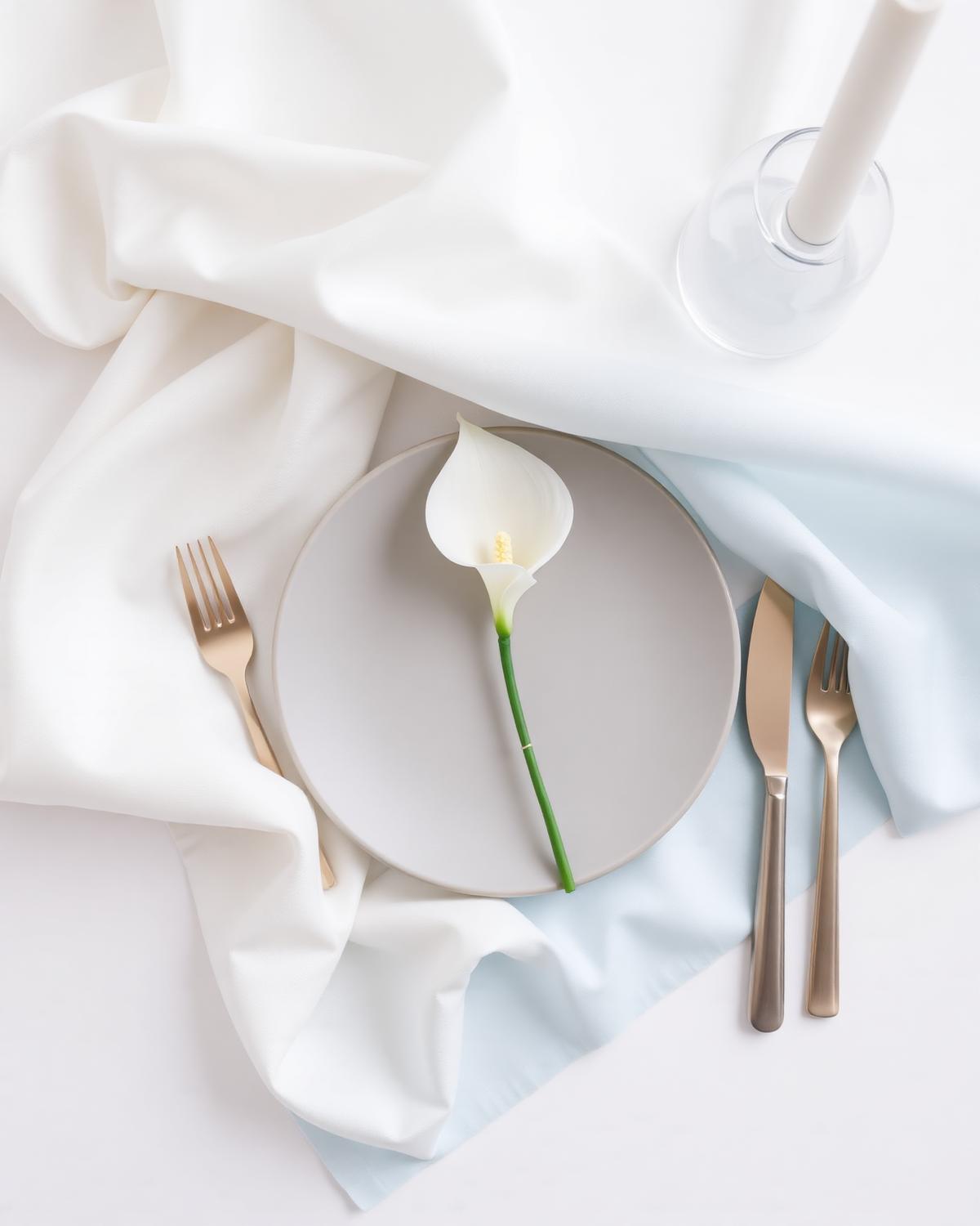 Modern minimal wedding concept board with white linen, a single calla lily and brushed metal flatware