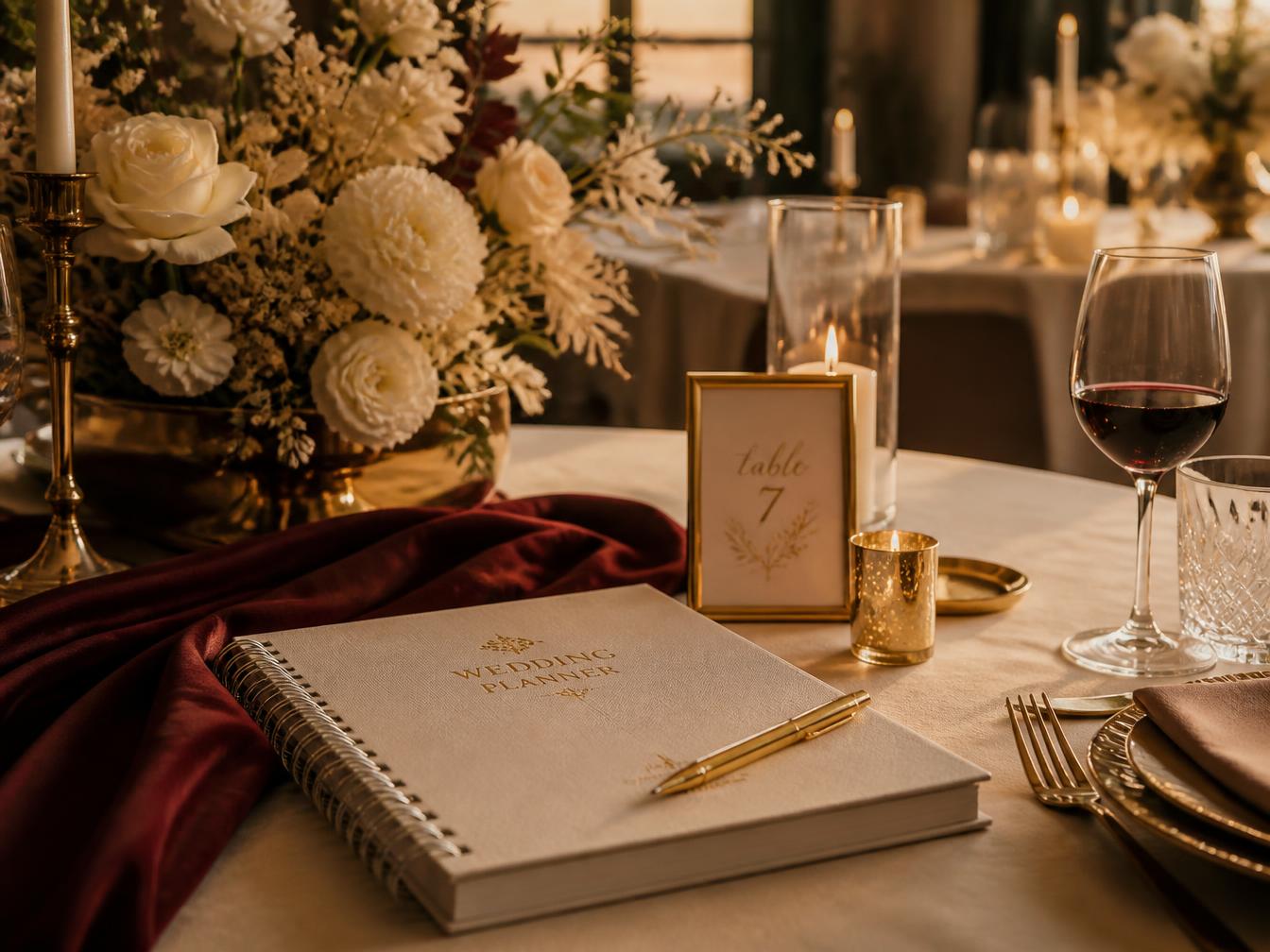 A wedding planner notebook resting on a candlelit restaurant table with wine and flowers