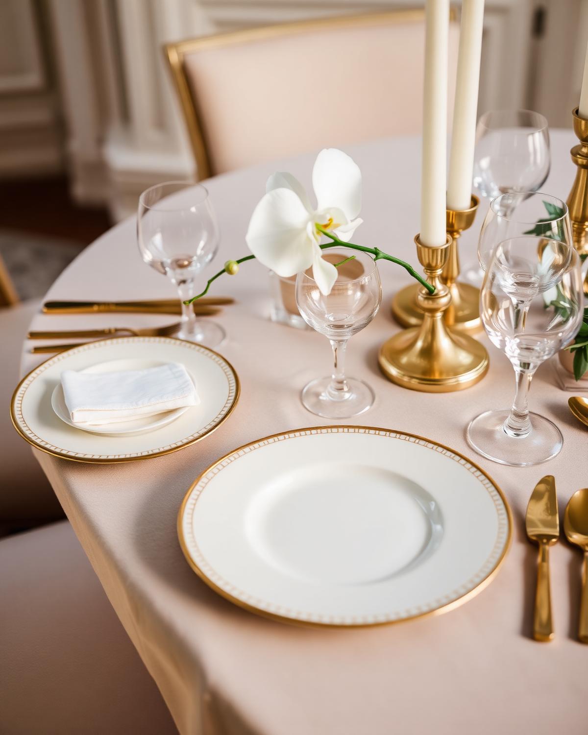 Luxury wedding tablescape with gold cutlery and a single orchid stem
