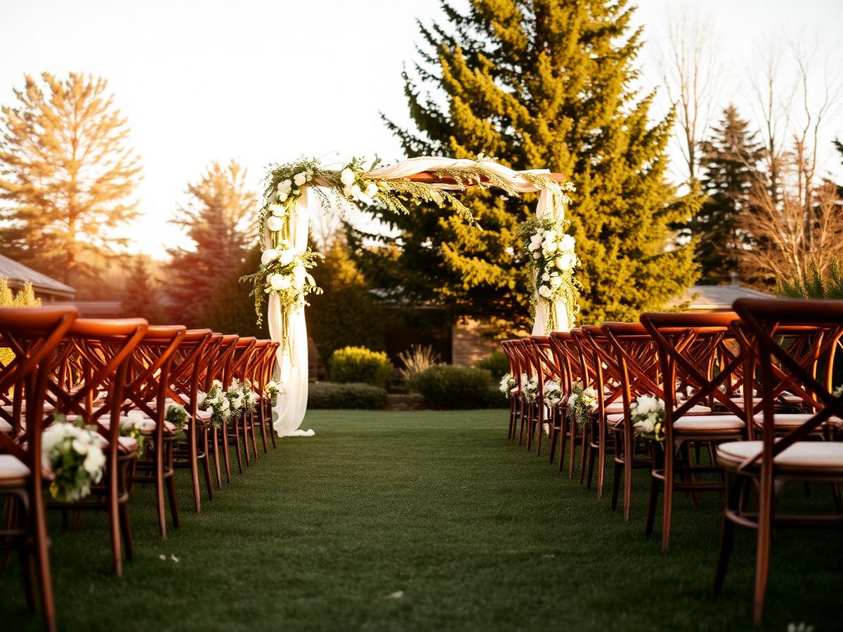 Outdoor wedding ceremony aisle at golden hour with a white floral arch