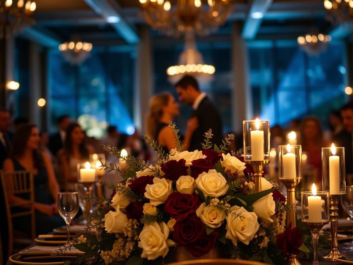 Evening engagement celebration with candlelight and a refined floral centrepiece